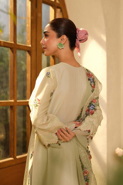 MARYAM HUSSAIN-3PC LAWN EMBROIDERED SHIRT WITH KHAADI NET EMBROIDERED DUPATTA AND TROUSER✨