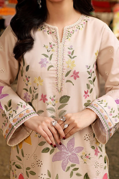 ANEELAS-3PC LAWN EMBROIDERED SHIRT WITH KHAADI NET PRINTED DUPATTA & EMB TROUSER